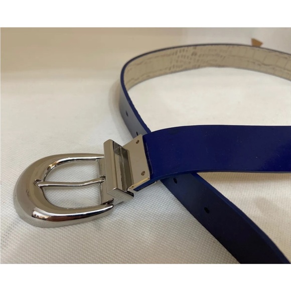 New Lauren Ralph Lauren Blue White Leather Silver Buckle Reversible Belt main image 7
